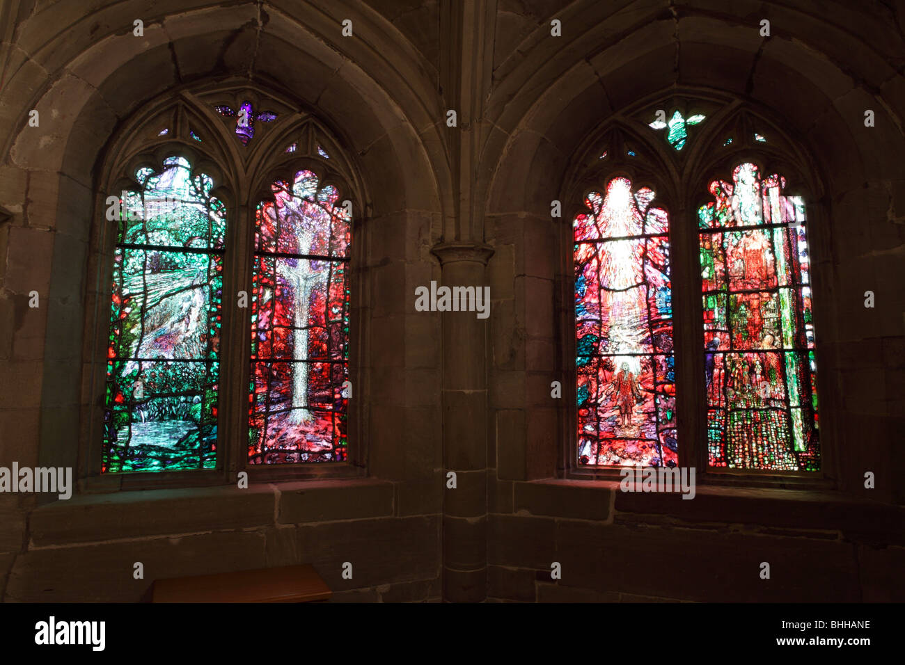Modern stained glass windows `The Thomas Traherne Windows` in the Audley Chapel inside the capacious Hereford Cathedral. Stock Photo